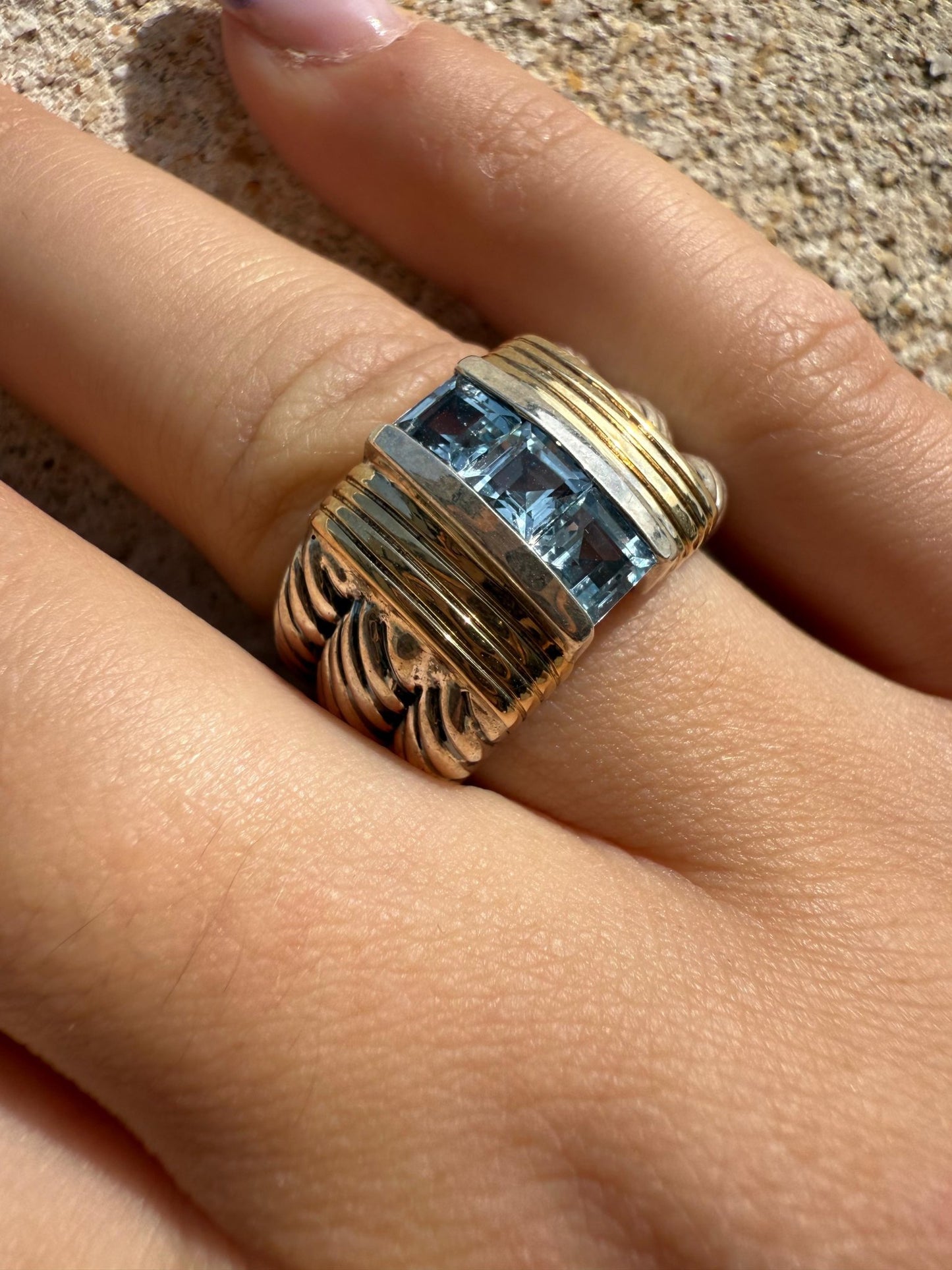 Bague Art Déco Argent 925 & Or 375 avec Topaze Bleue – Design Graphique Vintage - shop_name Lithothérapie