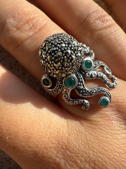 Bague Poulpe Argent 925, Marcassites & Agate Verte – Bijou Original - shop_name Lithothérapie