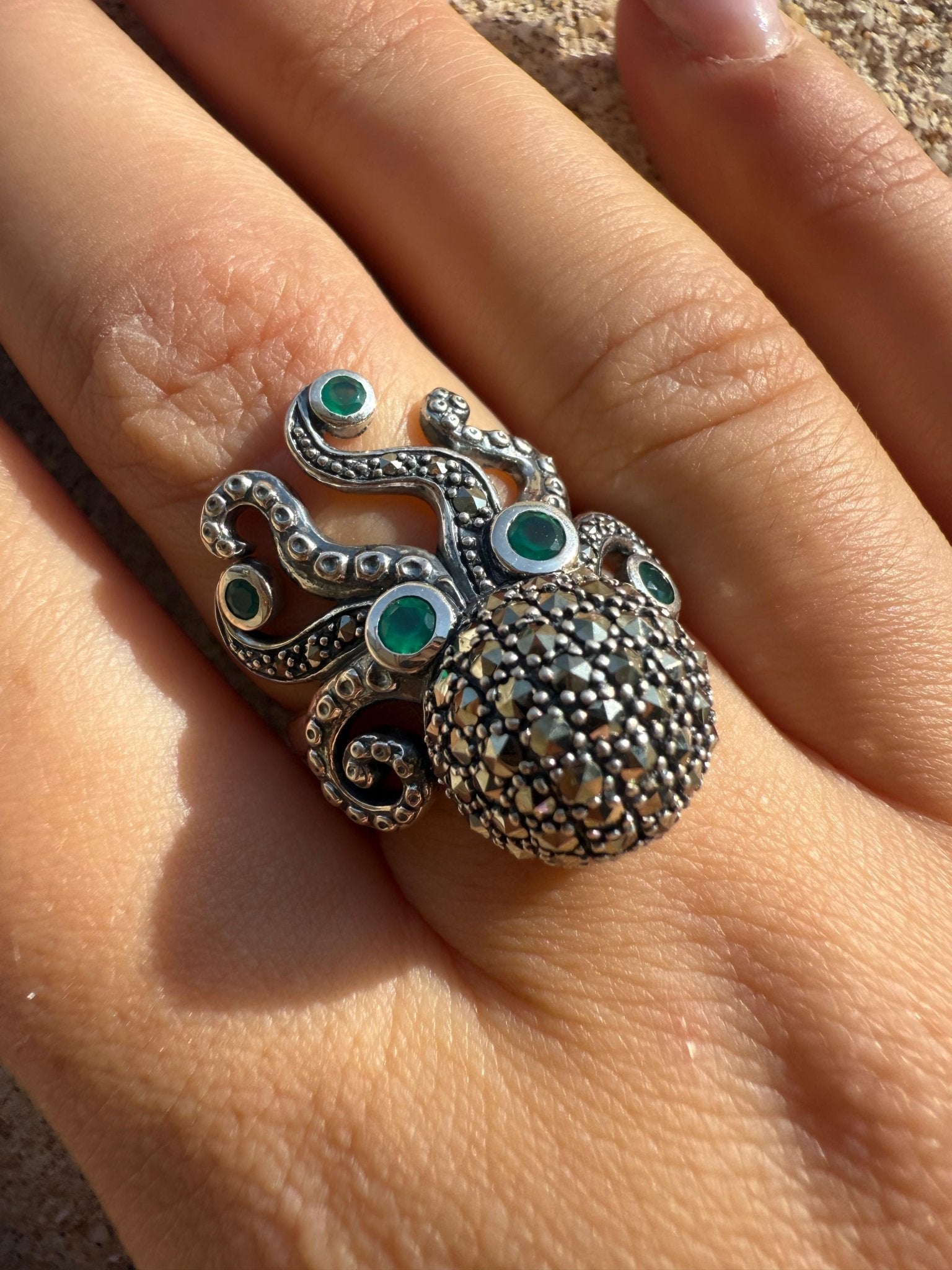 Bague Poulpe Argent 925, Marcassites & Agate Verte – Bijou Original - shop_name Lithothérapie