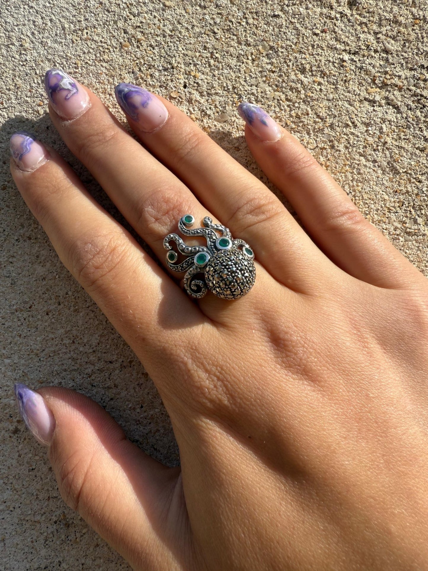 Bague Poulpe Argent 925, Marcassites & Agate Verte – Bijou Original - shop_name Lithothérapie