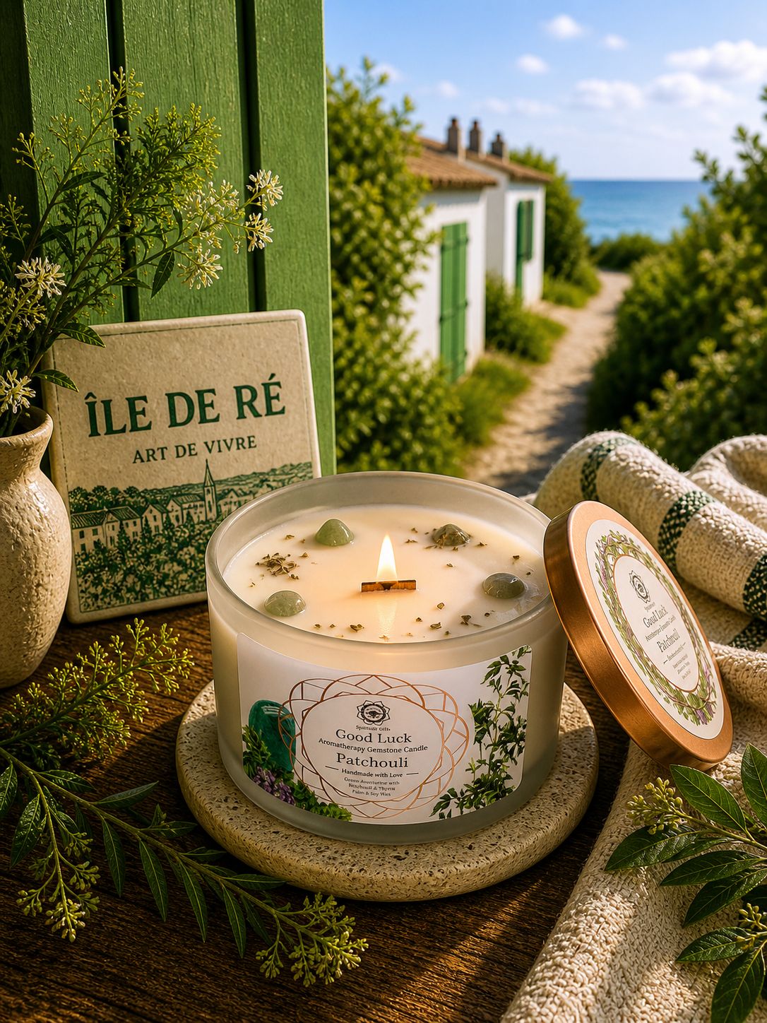 Bougie Parfumée Patchouli & Aventurine Verte – Ambiance Boisée & Apaisante - shop_name Lithothérapie